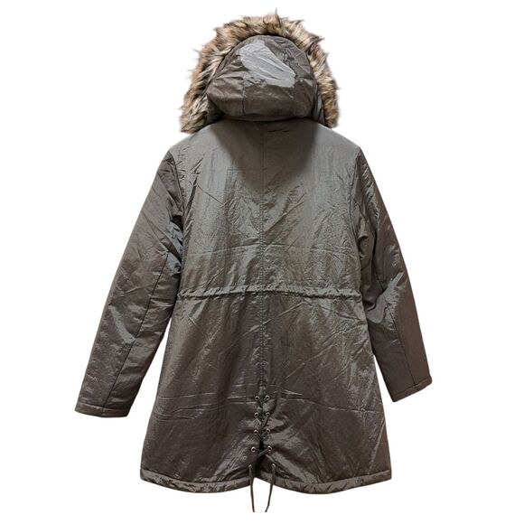 NEW Guess Grace Shiny Crinkle Nylon Parka Jacket Fur Trim Hood Size M Green - Picture 2 of 11